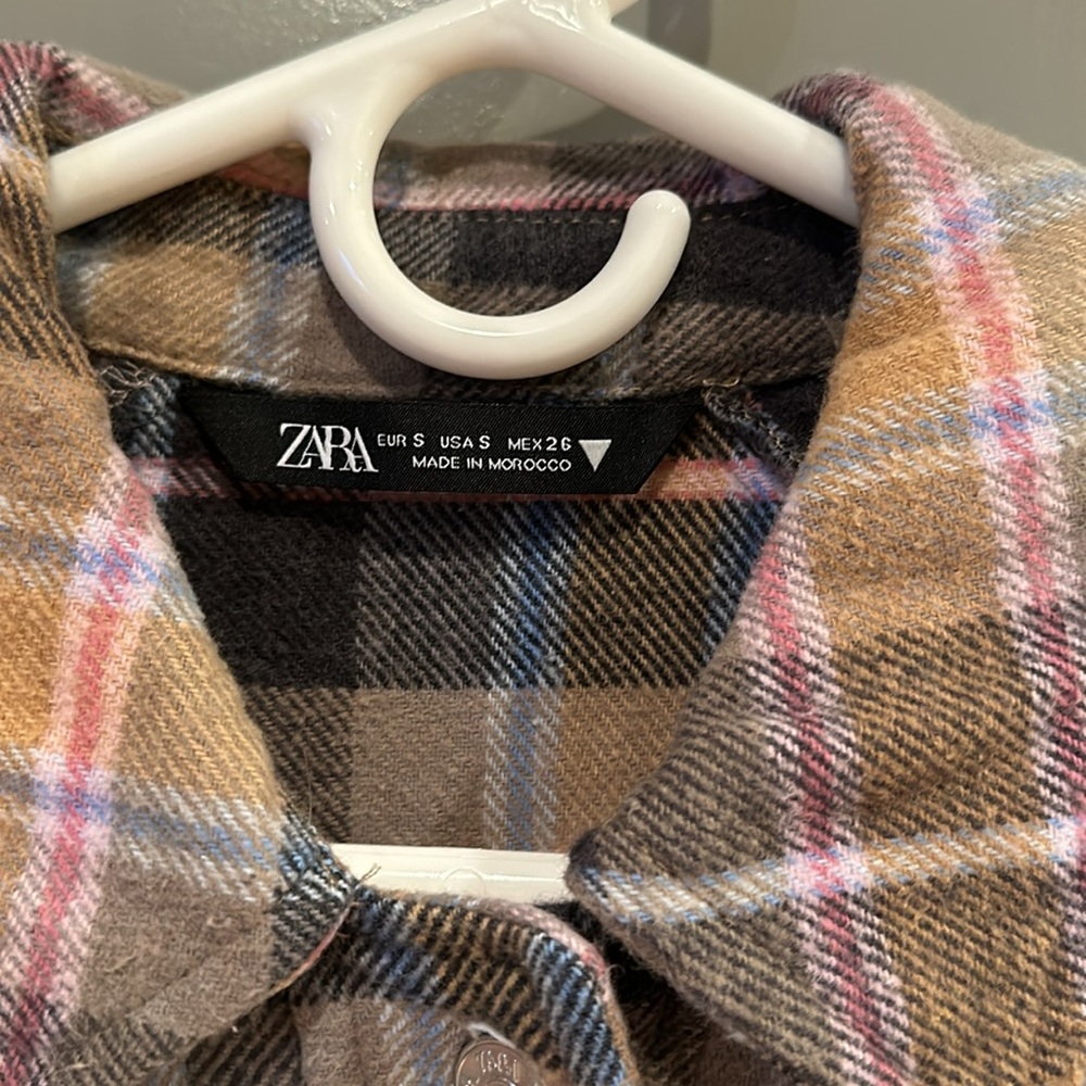 Zara Oversized Plaid Shacket Overshirt Flannel Jacket Tan Pink Navy - Picture 6 of 8